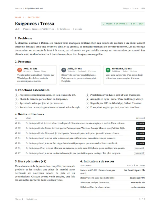 Vignette du document « Spécification » du projet d’exemple